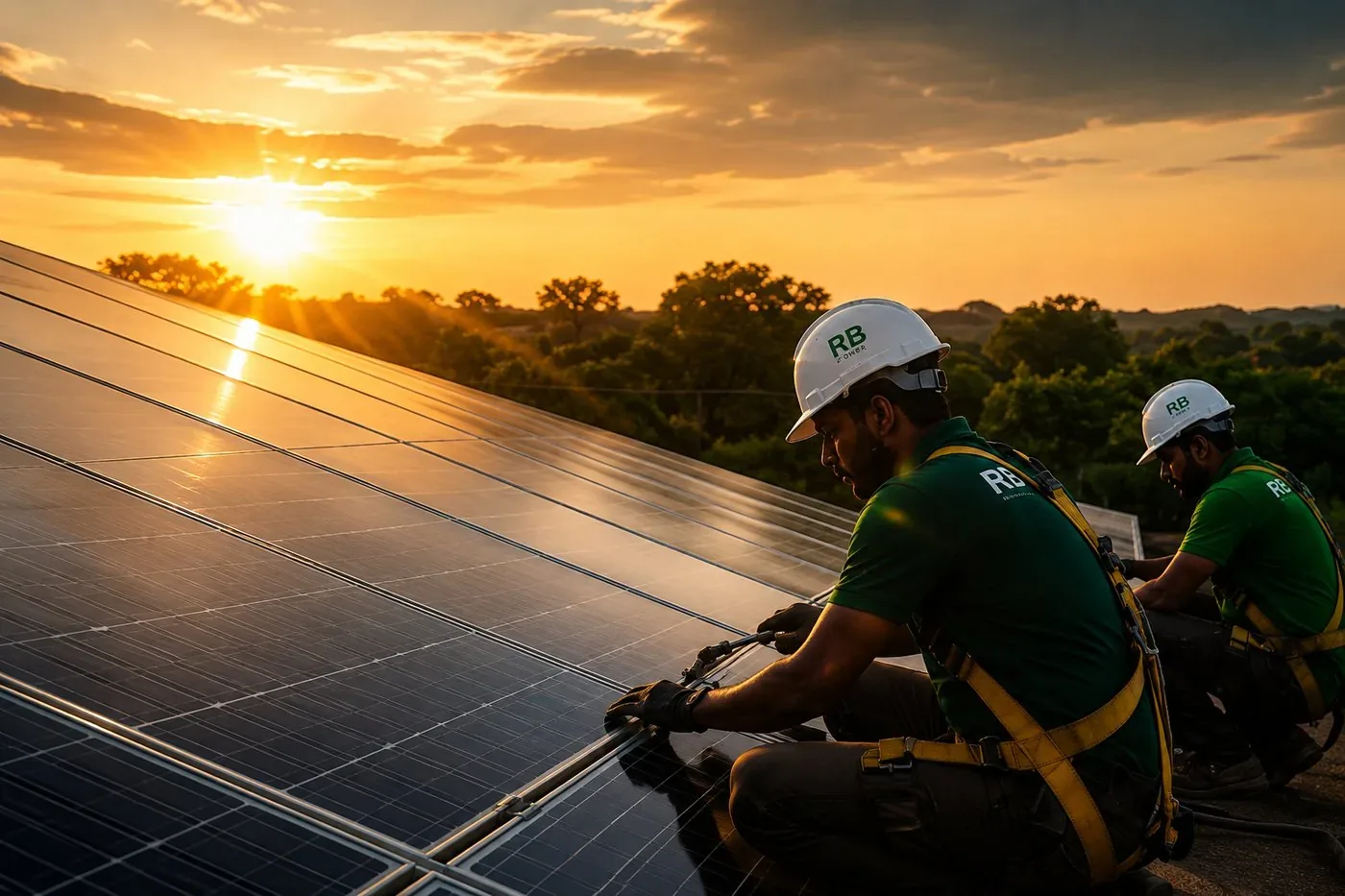 RB POWER technicians installing solar panels at sunset