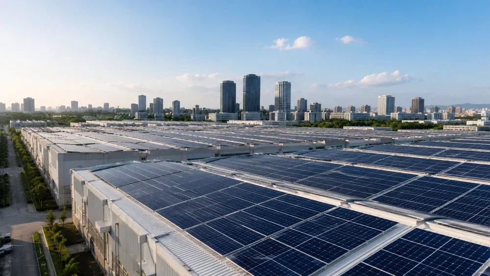 Commercial rooftop solar setup with city skyline